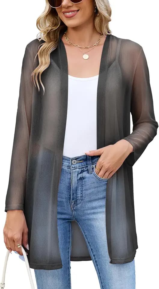 Famulily Langärmelige Strickjacke aus durchsichtigem Netzstoff für Damen, leicht, vorne offen, transparent, für den Sommer
