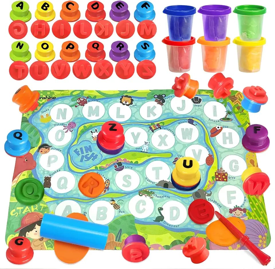 Crelloci Alphabet Stamp Play Color Dough Kit for Kids, Educational Arts & Crafts Set with 26 Letter Stamps, 6 Color Dough Pots, Tools & Mat, Preschool Montessori Learning Toy for Kids Ages 3+