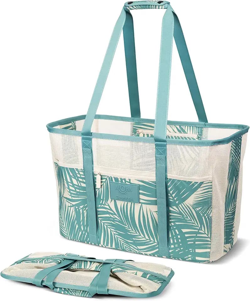 CleverMade Collapsible Beach Mesh Tote Bag, 42L Beach Bag, Fold-Flat