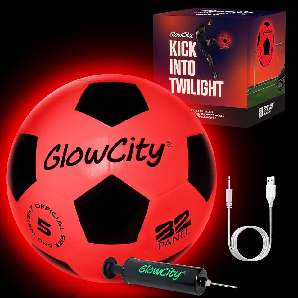 GlowCity Glow in The Dark Soccer Ball - Sizes 3, 4, 5 for Kids, Teens & Adults - Light Up Soccer Ball with 2 LED Lights - Sports Birthday Gifts Ideas for Boys & Teenagers Ages 6 7 8 9 10 11 12 13 14