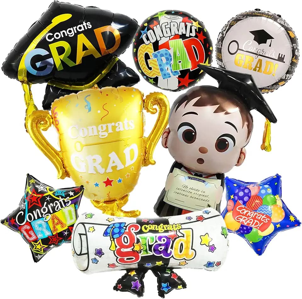 8 Pcs Graduation Balloons Class of 2026 Congrats Grad Foil Balloons Kindergarten Preschool Grad Cap Bear Diploma Trophy Mylar Balloon 2026 Graduation Party Decorations Supplies
