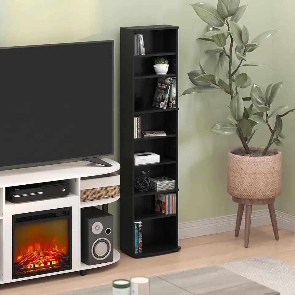 Furinno Jaya DVD Shelf, 8-Tier Tall Narrow CD Rack, Black Espresso
