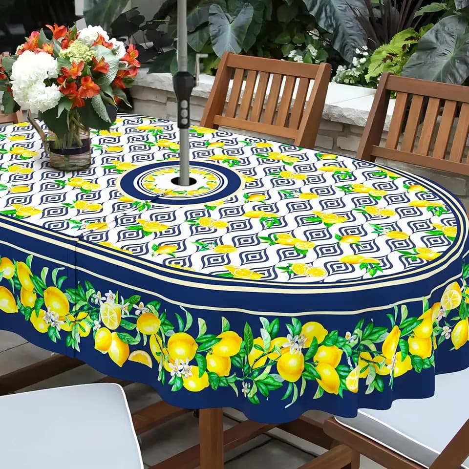 Lemon Outdoor Tablecloth with Umbrella Hole for Oval Table, Waterproof Strip Patio Table Cloth with Zipper - 60 x 84 inches
