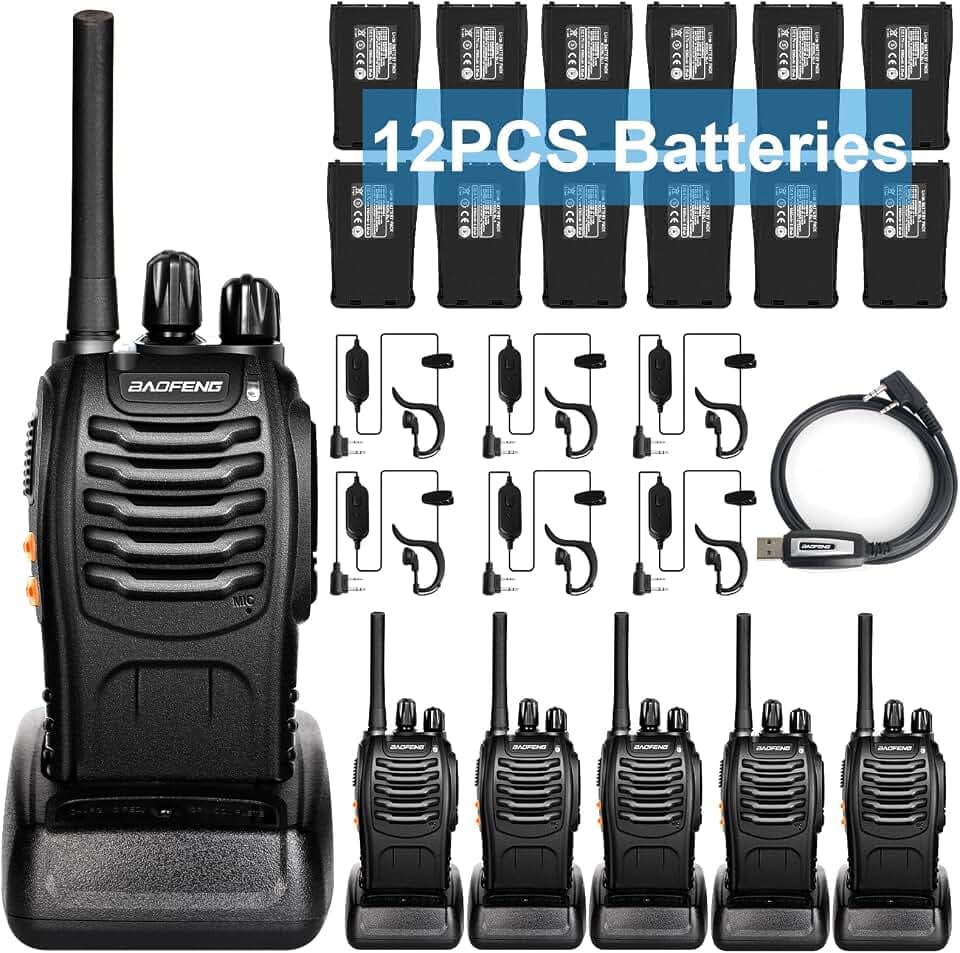 BAOFENG Radio Walkie Talkies Long Range for Adults with 12PCS Rechargeable Batteries & Earpieces with Mic, VOX, Portable FRS Two Way Radios for Business Camping Family Kids, Black BF-88A 6Pack
