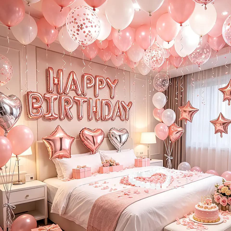 Pink Birthday Balloons Decorations Rose Gold Birthday Balloon Letters Banner with 6 Pcs Star Balloons Pink Artificial Rose Petals 24 Flameless LED Candles for Room Bday Party Decorations Supplies