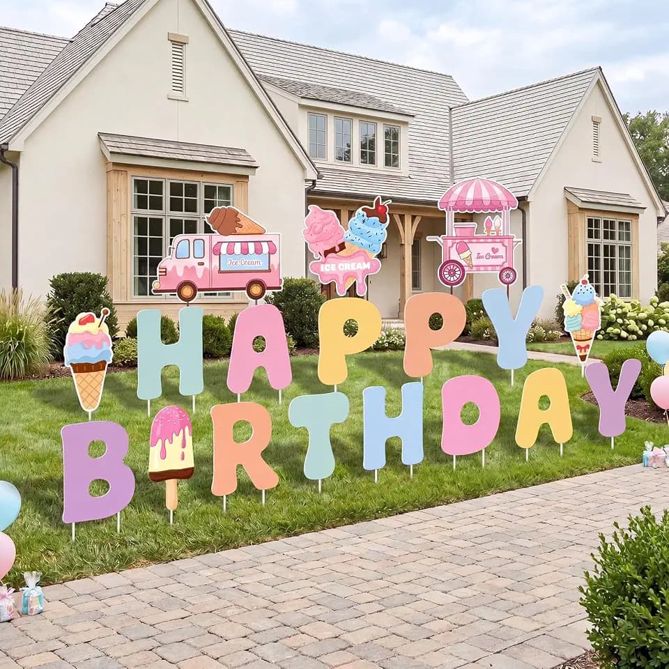 18 Happy Birthday Yard Signs with Stakes, 16", Ice Cream Cart