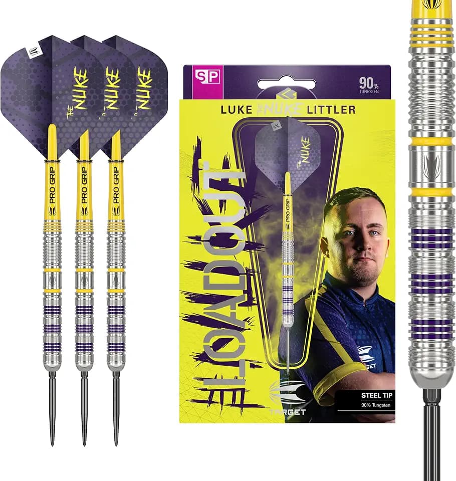 Target Darts Luke Littler Loadout Steel Tip Swiss Point Darts, 90% Tungsten Dart, 22G/23G/24G | Steel Tip Dart Set, Player Edition Swiss Points Dart-Sets mit Werkzeug, Pro Grip Shafts & No.2 Flights