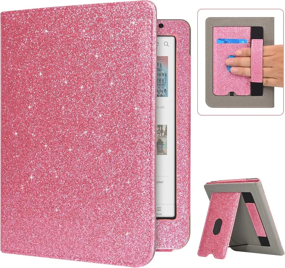 Caweet Case for Kobo Clara Colour/BW 6 Inch 2024 Release, Premium PU Leather Foldable Stand Protective Sleeve Cover with Card Slot and Hand Strap, Glitter Pink
