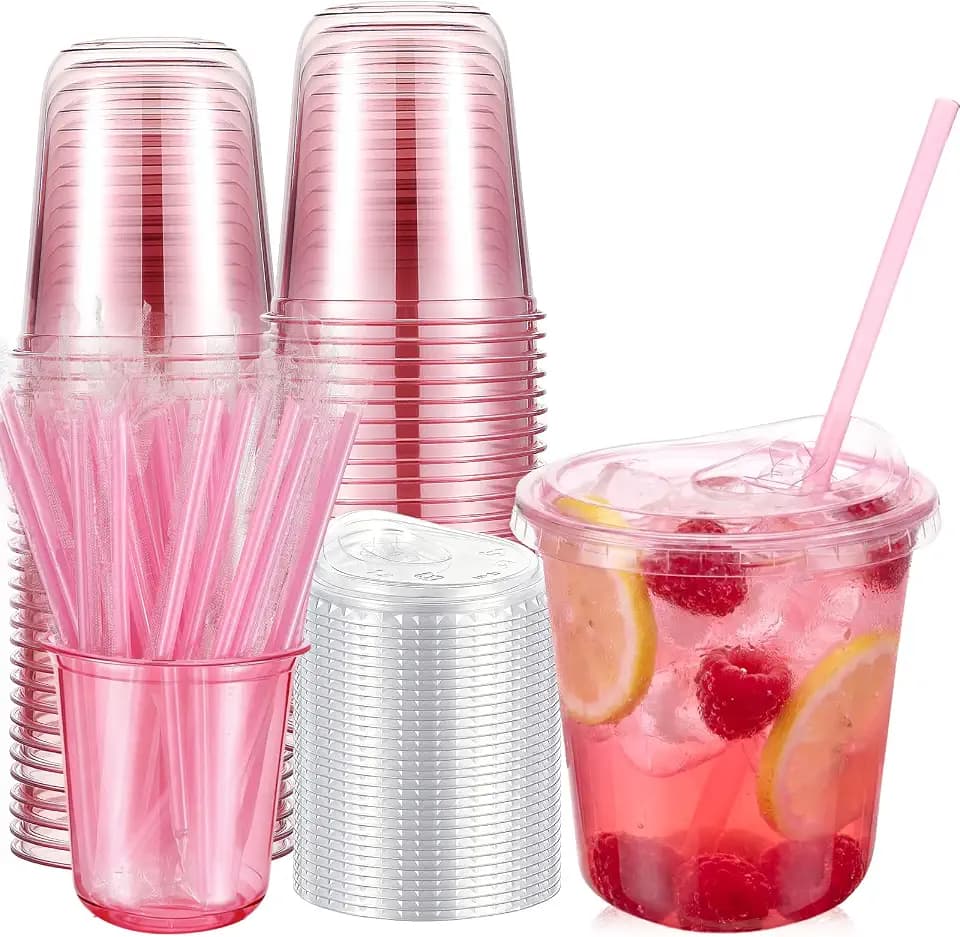 Ziliny 50 Pack 12oz Pink Clear Plastic Cups with Lids Straws for Iced Drink