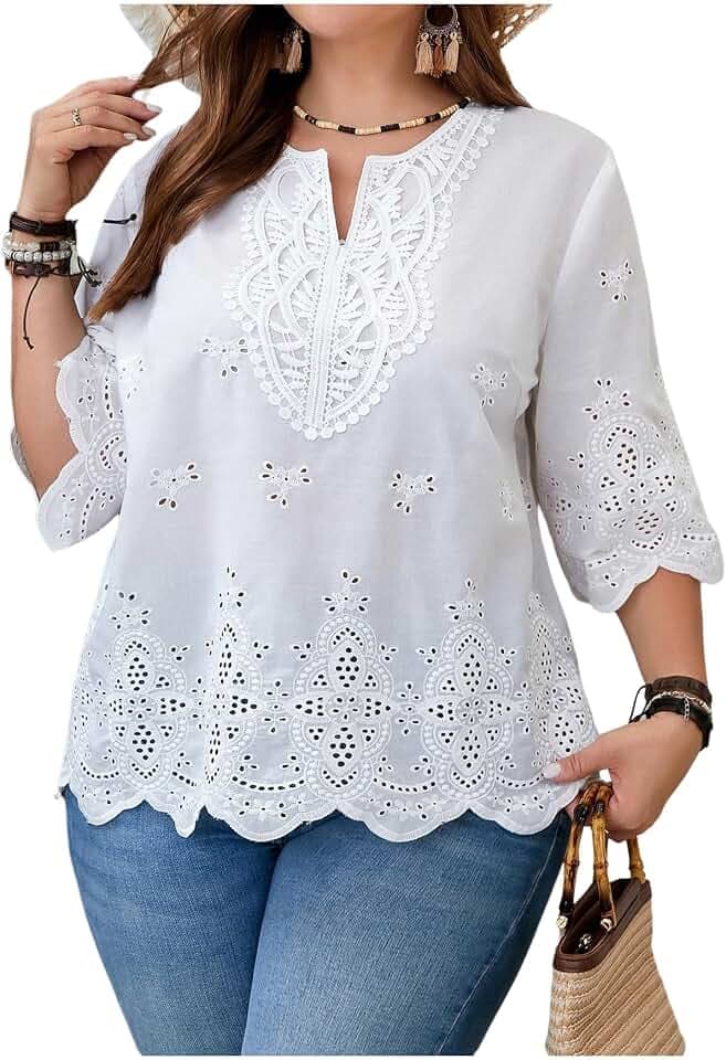 MakeMeChic Women's Plus Size Eyelet Blouse Embroidery Short Sleeve Tops