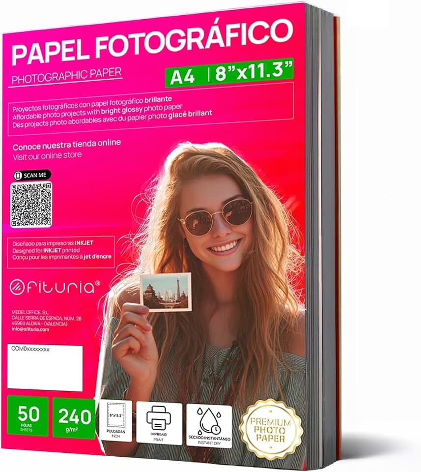 OFITURIA Fotopapier A4 Glänzend – Hohe Auflösung, Soforttrocknend, 240 g/m², Kompatibel mit Tintenstrahldruckern – 50 Blatt