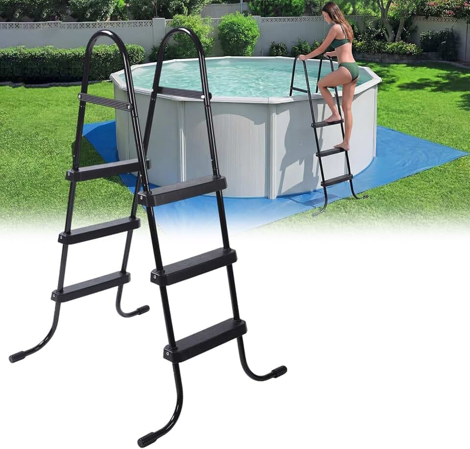 Threlaco 42 Inch Above Ground Pool Ladder 3 Step Steel Frame Swimming Pool Entry Exit Ladder Non Slip Metal Frame Steps, Weight Capacity 300lbs(Black)