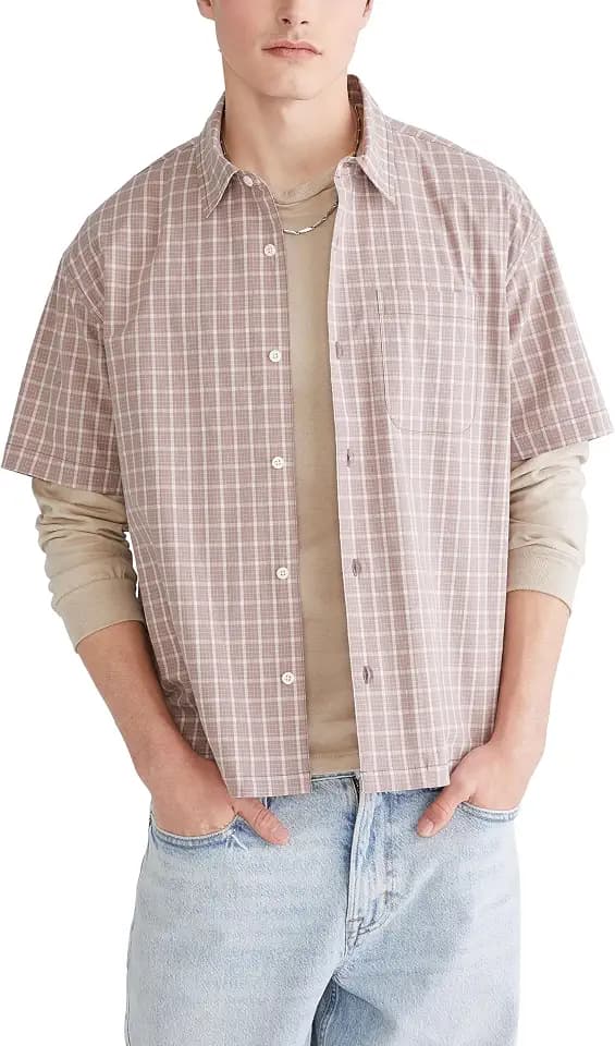 AEROPOSTALE Men's Short Sleeve Micro Plaid Boxy Shirt