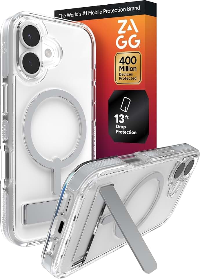 ZAGG Santa Cruz Snap Case with Kickstand for iPhone 17 - Silver, Drop Protection (13ft/4m), MagSafe Charging Compatible, ClearGuard Anti-Yellowing Technology, Scratch Resistant Phone Case