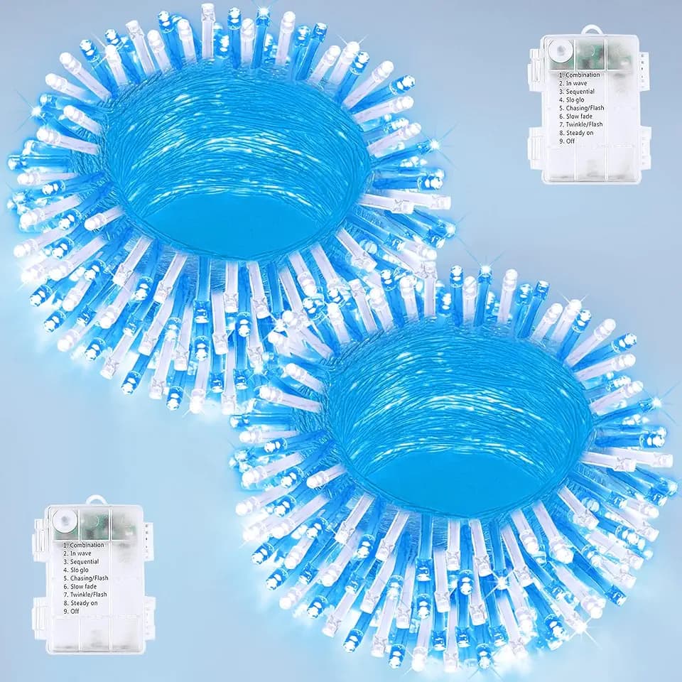 2 Pack 200 LED Battery Operated String Lights, Twinkle Lights Blue & White