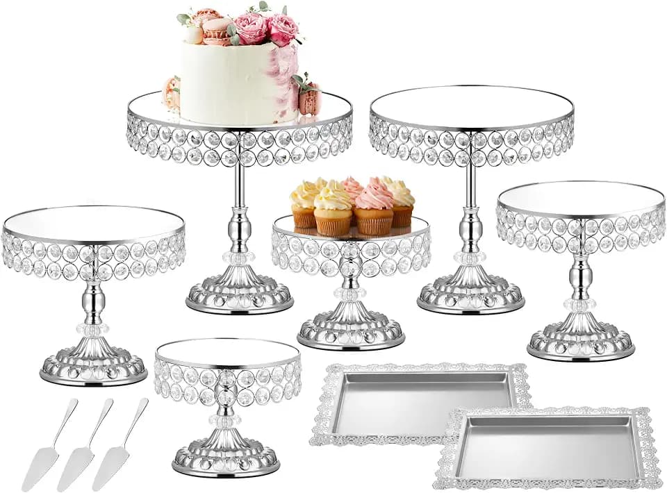 12-Piece Silver Cake Stand Set, Vintage Cake Stand with Crystal Edge and Cupcake Display Tray, Dessert Table Display Set for Wedding, Party, Baby Shower, Anniversary Celebration