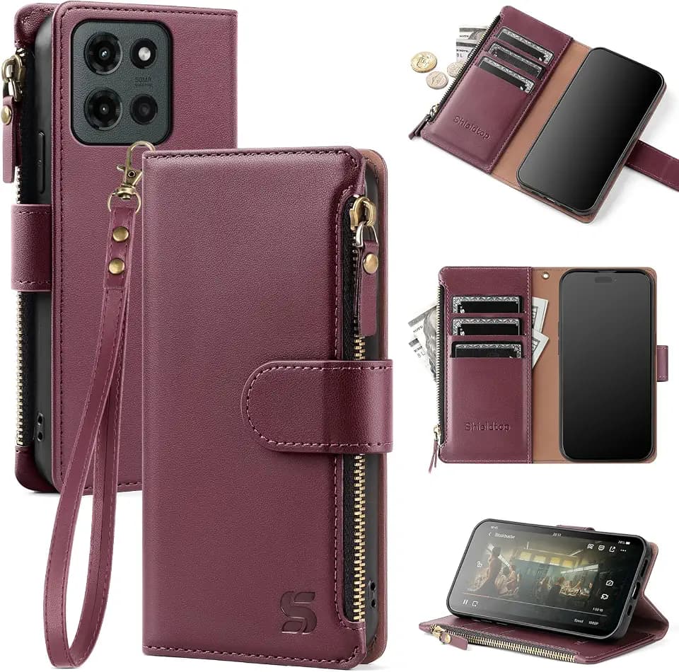 Shieldtop Compatible with Motorola Moto G 2026/2025 / G Play 2026 Wallet Case with Card Holder,Women Men RFID Blocking PU Leather Flip Phone Case Wrist Strap Zipper Credit Card Slots,Wine Red
