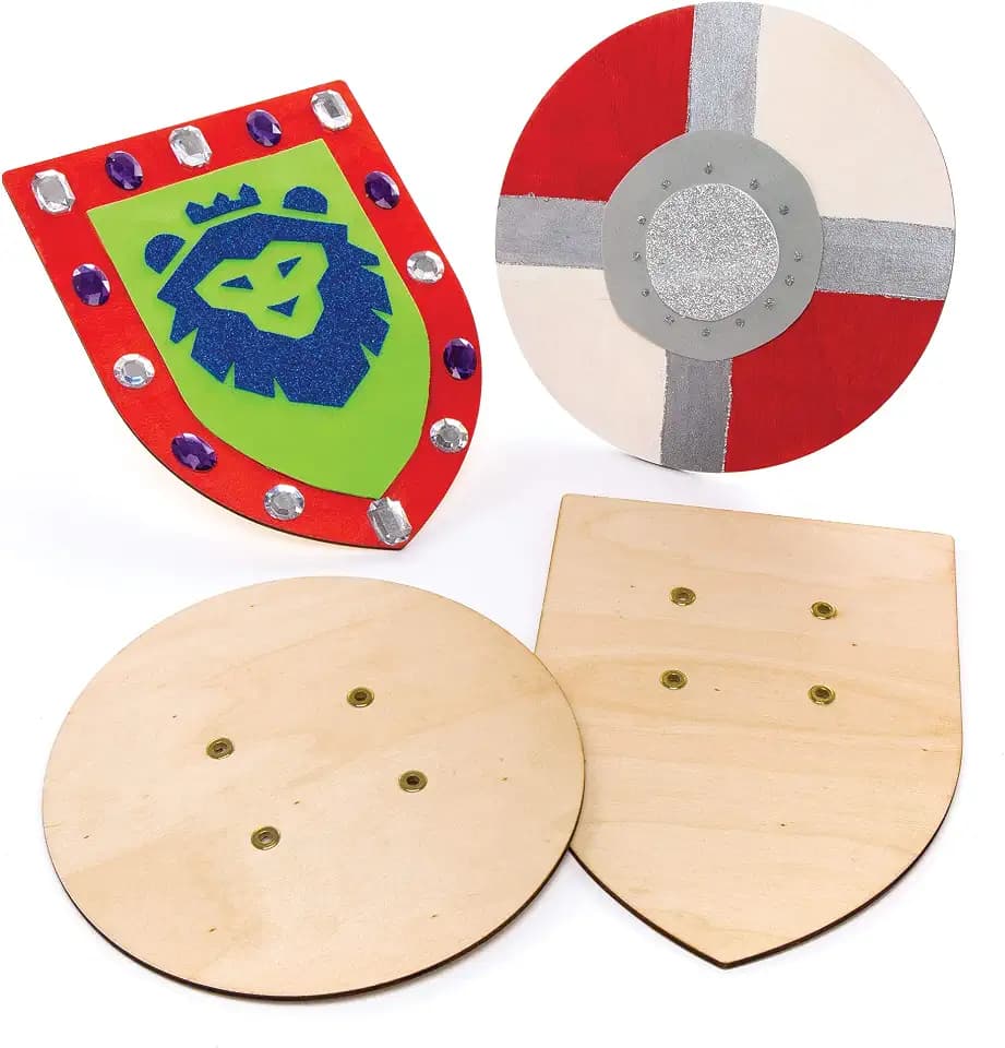 Baker Ross AW654 Holzschild, Schild mit elastischem Griff, perfektes Zubehör für Kinder zum Dekorieren und Tragen mit Ritterkostüm, 2 Stück