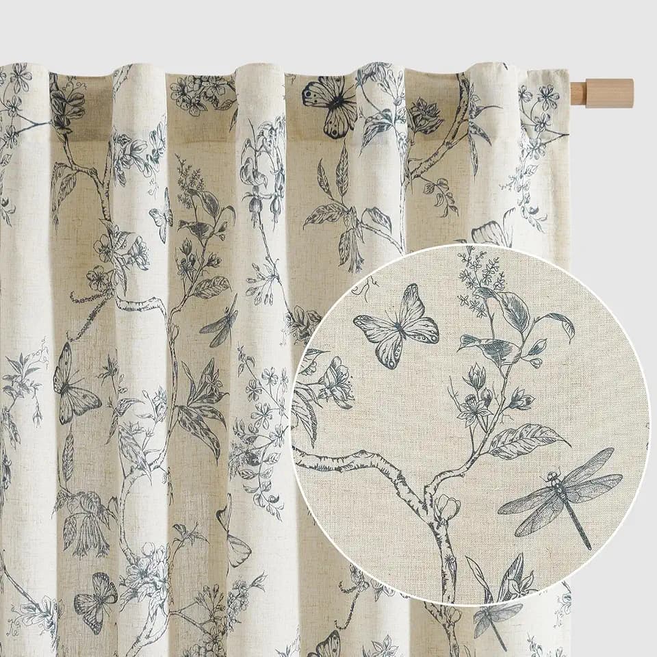 Lazzzy Blue Floral Linen Curtains Farmhouse Rod Pocket 50W X 90L 2 Panels