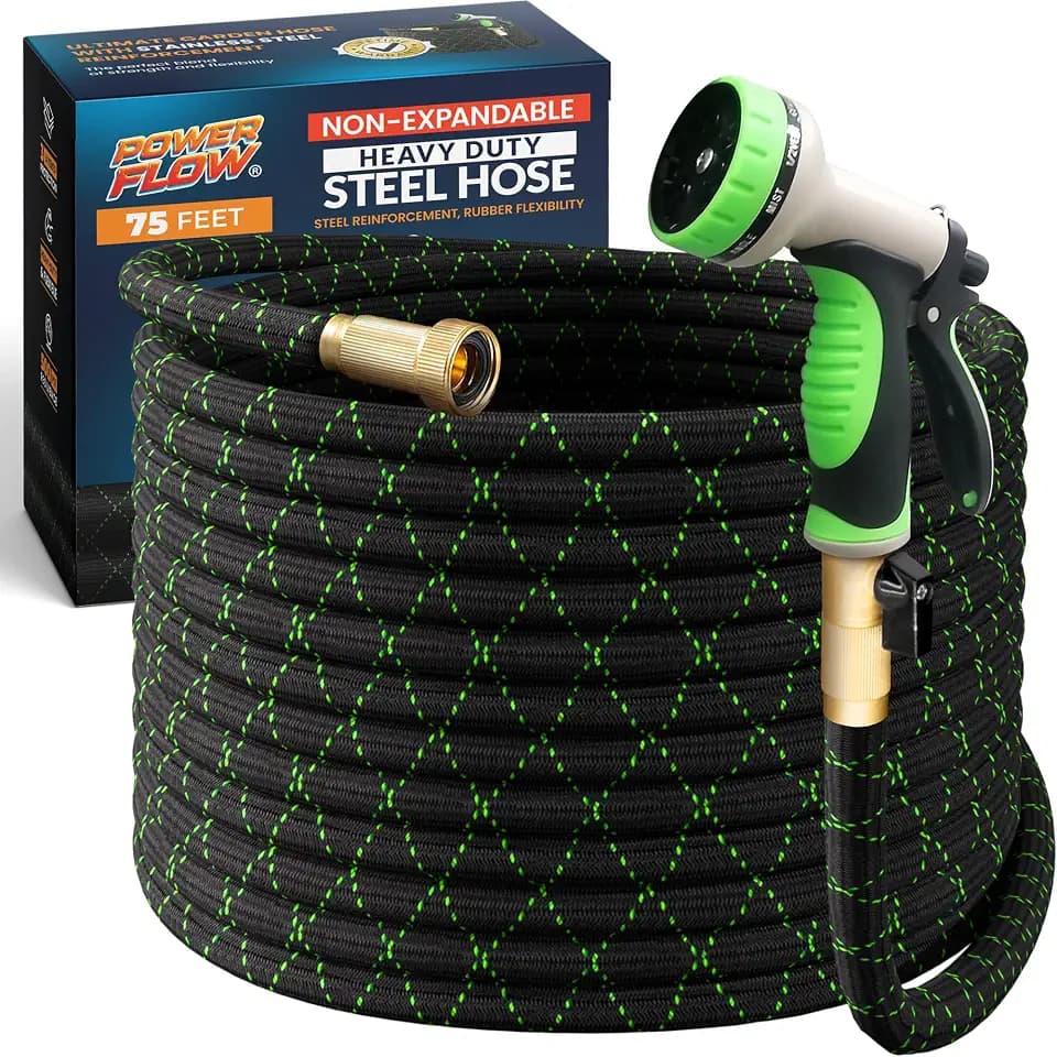 PowerFlow Metal Garden Hose, 75 Ft Non-Expandable Water Hose, Black