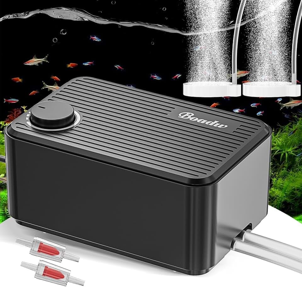 Aquarium Luftpumpe extrem leise, 2W/5W/8W Regelbare Sauerstoffpumpe Aquarium bis 100/400/ 600 Liter mit Aquarium Zubehör Luftstein<40db