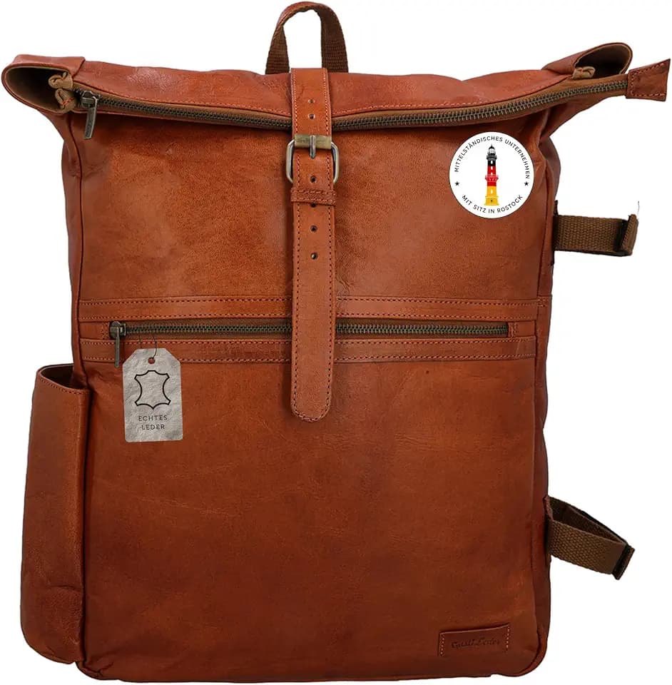 Gusti Rucksack Leder - Milo New Rolltop Vintage Damen & Herren Laptoprucksack 15 Zoll mit AirTag Fach Braun