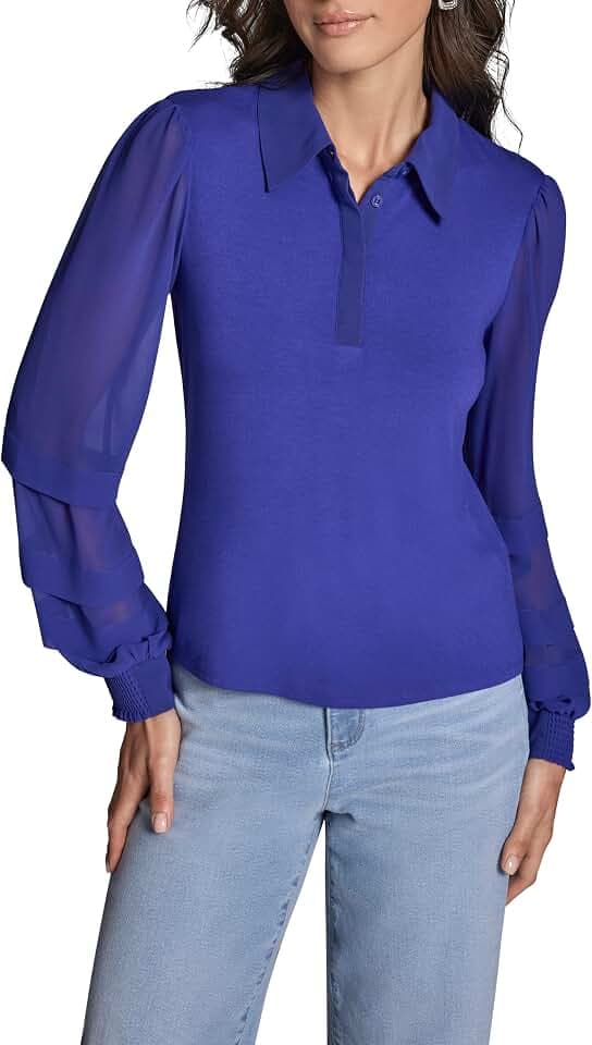 BCBG Women's Long Sleeve Collared Top with Smocked Cuffs
