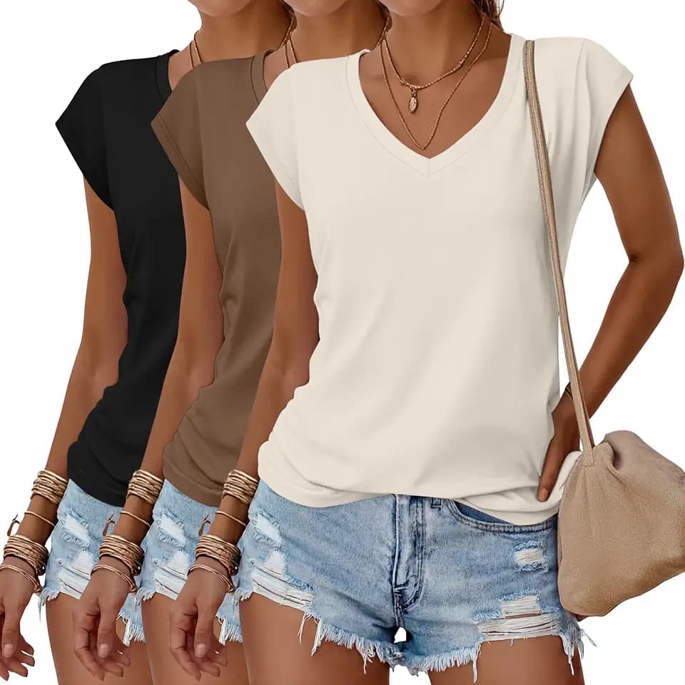 Huukeay 3 Pack Women's V Neck Cap Sleeve T Shirts