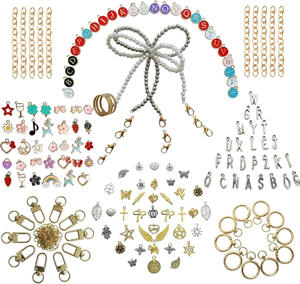 TKUJEYW 325Pcs Charms Lip Gloss Keychain Making Kit, with 20 Clips 25 Chains 118 Charms & Plier, DIY Lip Gloss & Bag Charm Set for Bags, Creative Handmade Set & Christmas Gift for Women