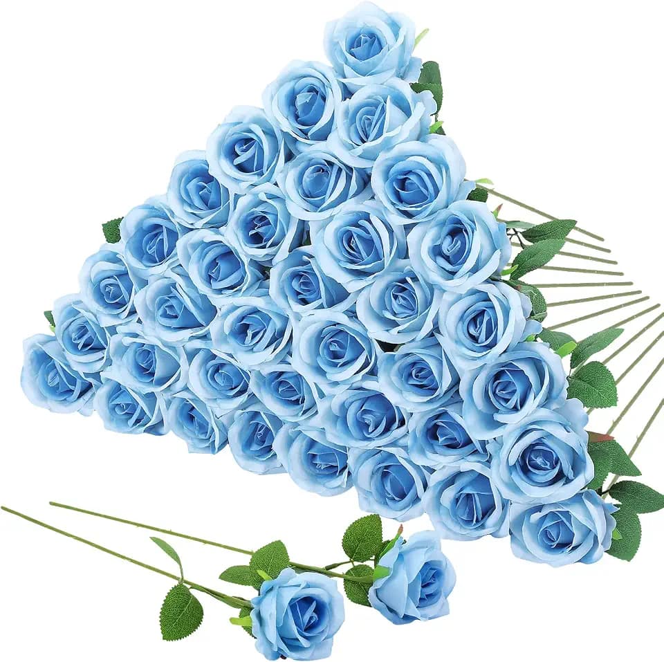 36 Pcs Sky Blue Artificial Roses with Long Stems