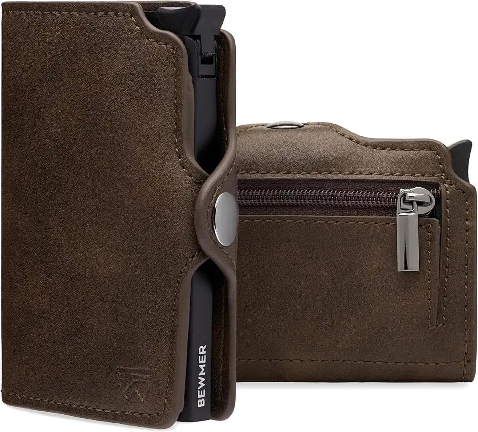 BEWMER 1 Geschütztes Kartenetui | Slim Wallet für Männer und Frauen | Kartenhalter mit RFID-Schutz und Geldklammern aus Kohlefaser | Braun