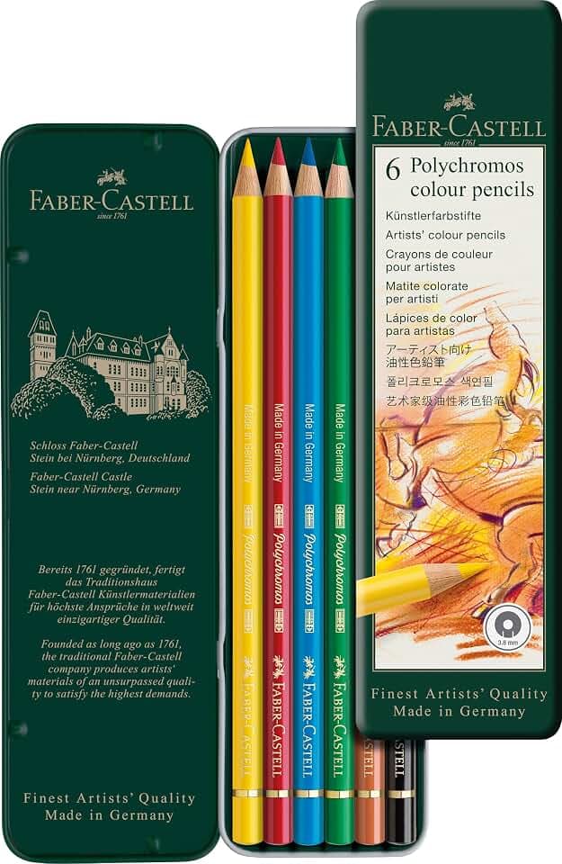 Faber-Castell - Polychromos Buntstifte, 6 Farben im Metalletui | Künstlerfarbstifte mit 3,8 mm Mine, lichtbeständigen Pigmenten und weichem, sattem Farbauftrag