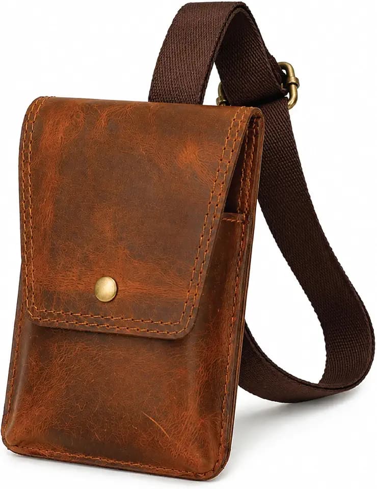 Genuine Leather Mobile Sling - Handmade Phone Pouch Crossbody with Adjustable Strap, Snap Closure