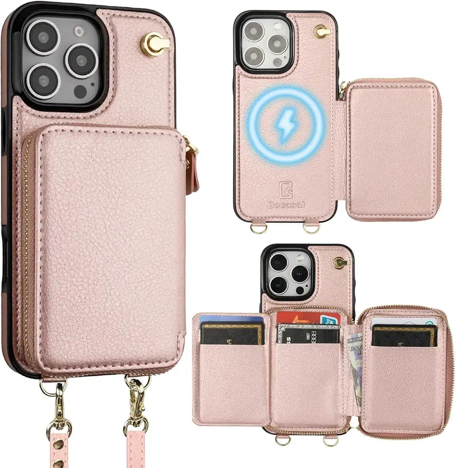 Bocasal for MagSafe Crossbody Wallet Case for iPhone 16 Pro Max, Rose Gold