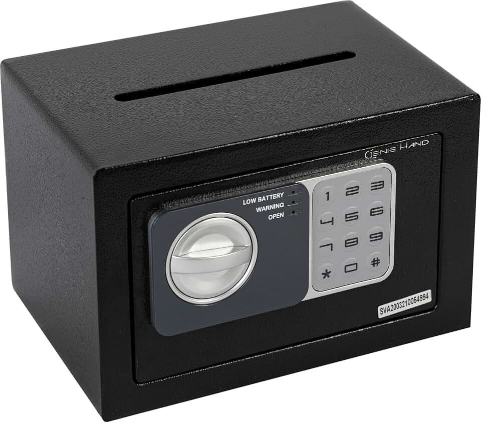 Genie Hand | Möbeltresor für Zuhause mit Elektronik Zahlenschloß und Schlüssel Tresor Safe mit Einwurfschlitz – B-Schloss – Anti-Bounce -Technologie