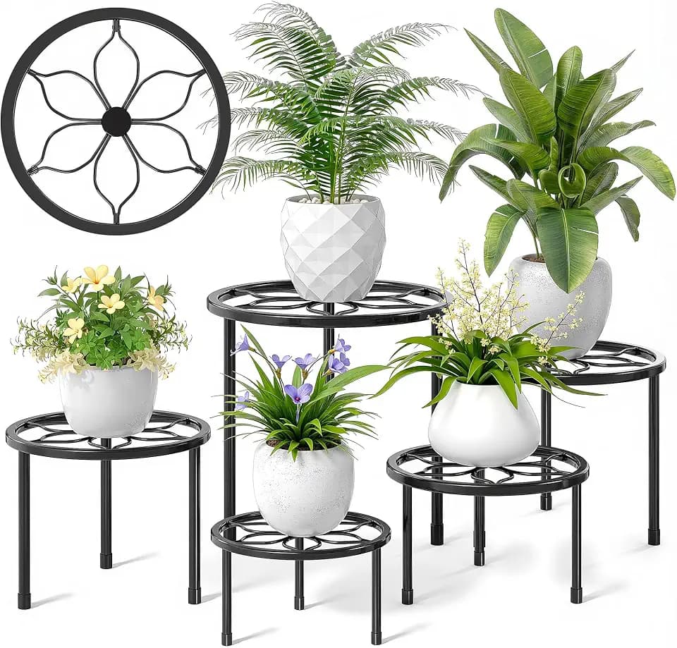 VECELO Metal Plant Stands Set of 5, Multiple Heavy Duty Flower Pot Stand, Round Plant Holder, Black