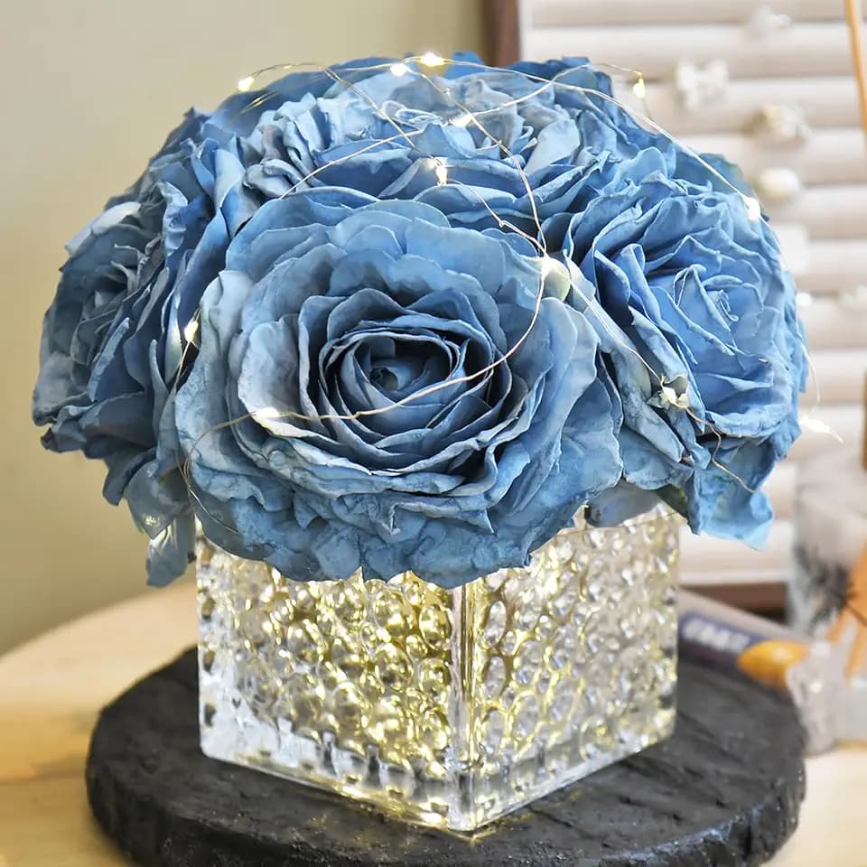 Silk Roses in Glass Vase with LED, Low Centerpiece for Table, Dusty Blue