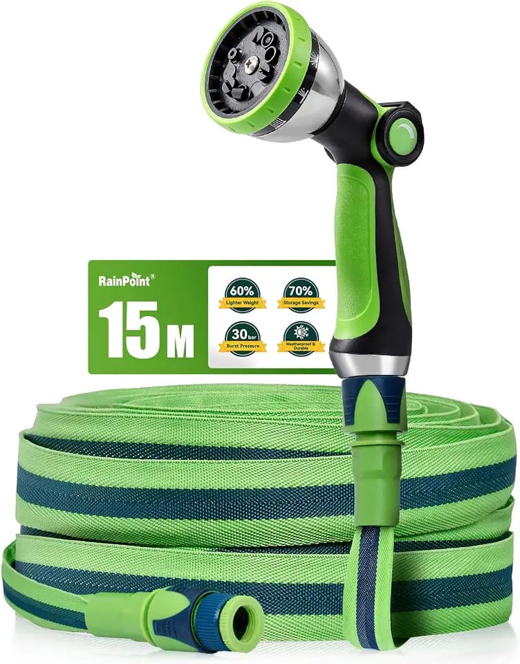 RAINPOINT Gartenschlauch Flexibel 15m, Leichtgewicht-Wasserschlauch mit TPE-Innenschlauch, 800D Oxford-Gewebe, 30 Bar Berstdruck, 10-Funktionen Gartenbrause, 1/2" & 3/4" Anschlüsse