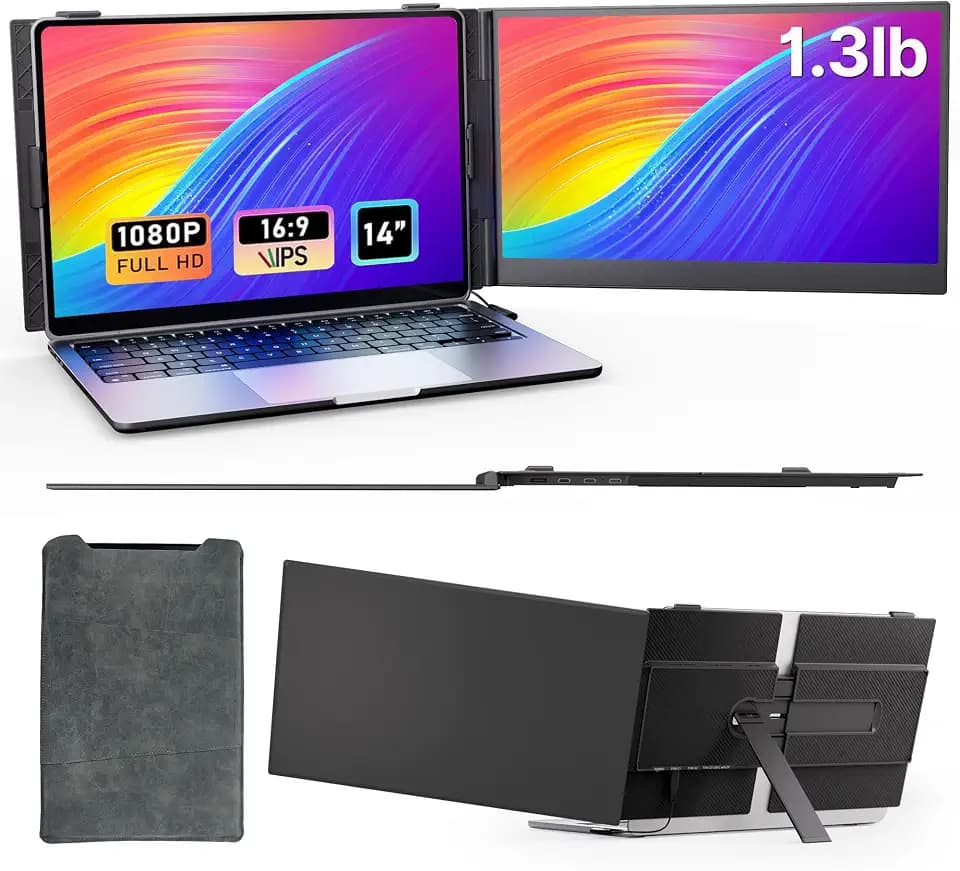 Laptop Screen Extender - Ultra-Thin 1.3lbs 14" FHD IPS Dual Portable Monitor Extension for Laptop, Attachment Plug & Play for 13-17" Laptops, Second Extra Travel Display for Windows/Mac/Android