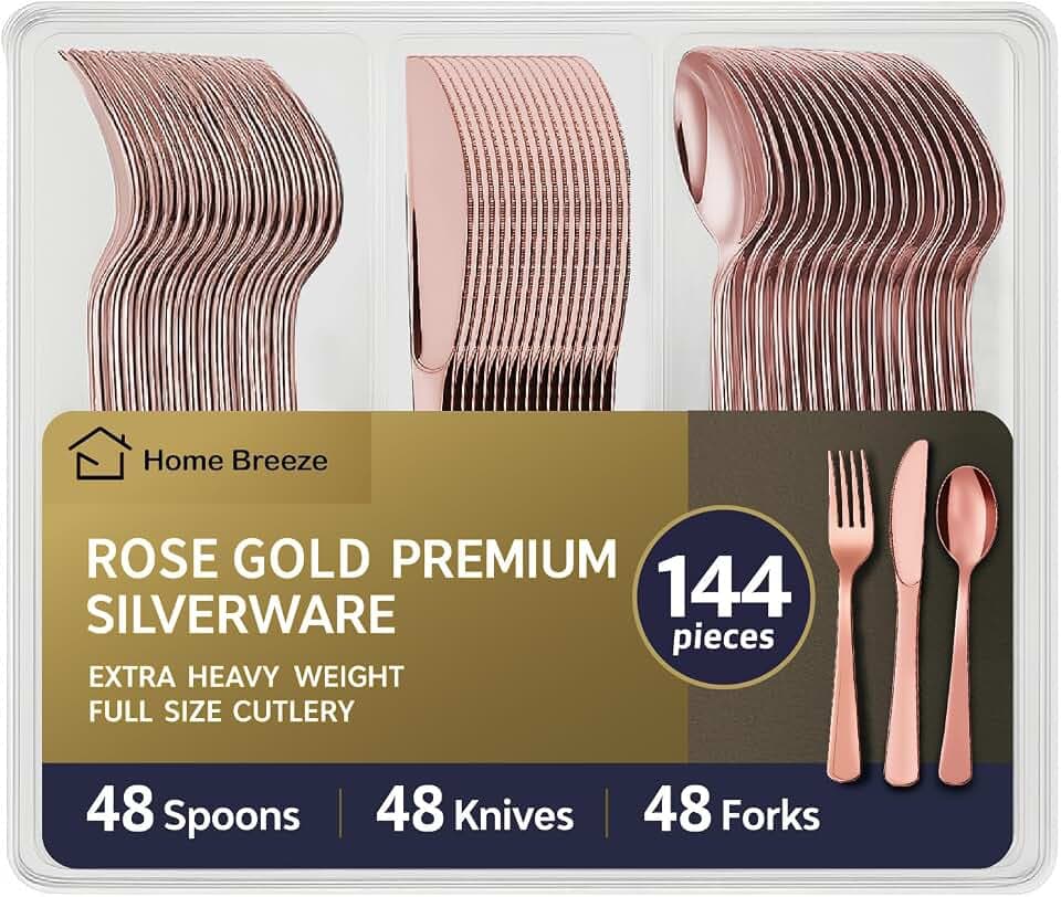 144 Pack Rose Gold Premium Heavy Duty Plastic Silverware, 48 Forks, 48 Knives, 48 Spoons, Perfect for Valentine's Day, Parties, Dinners, Weddings, BPA-Free, Disposable Plastic Cutlery Set Utensils Set