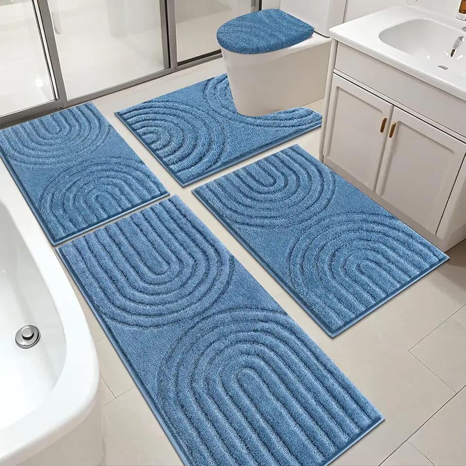 HEBE Bathroom Rugs Set 5 Piece, Non Slip Washable Microfiber Bath Mats Set
