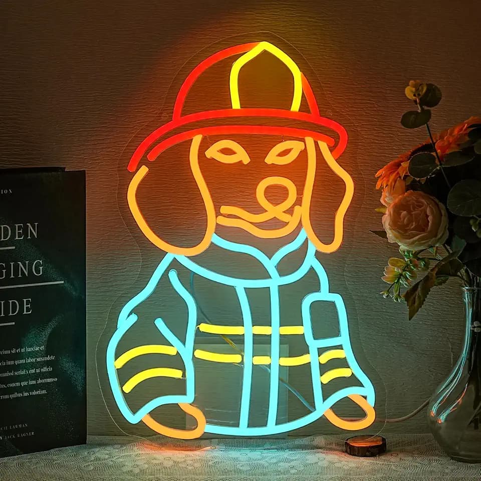 Dachshund Firefighter Neon Sign for Wall Decor Dog Led Sign Fireman Decor Animal Neon Light Signs for Bedroom Fire Station Man Cave Decoration