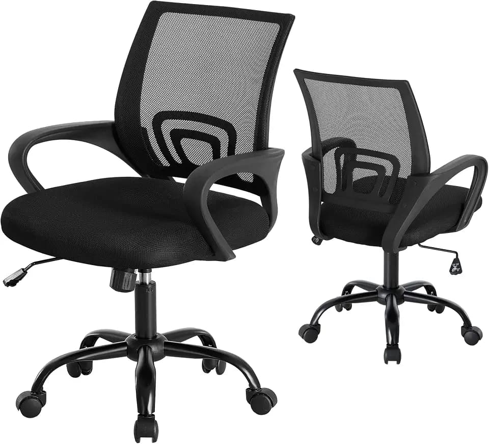 DUMOS Home Office Chair - Ergonomic Mid Back Mesh Desk Chair with Lumbar Support & Rocking Mode, Height Adjustable with Fixed Armrest, for Computer, Gaming, Meeting, 360° Swivel, Black, 2 Pack
