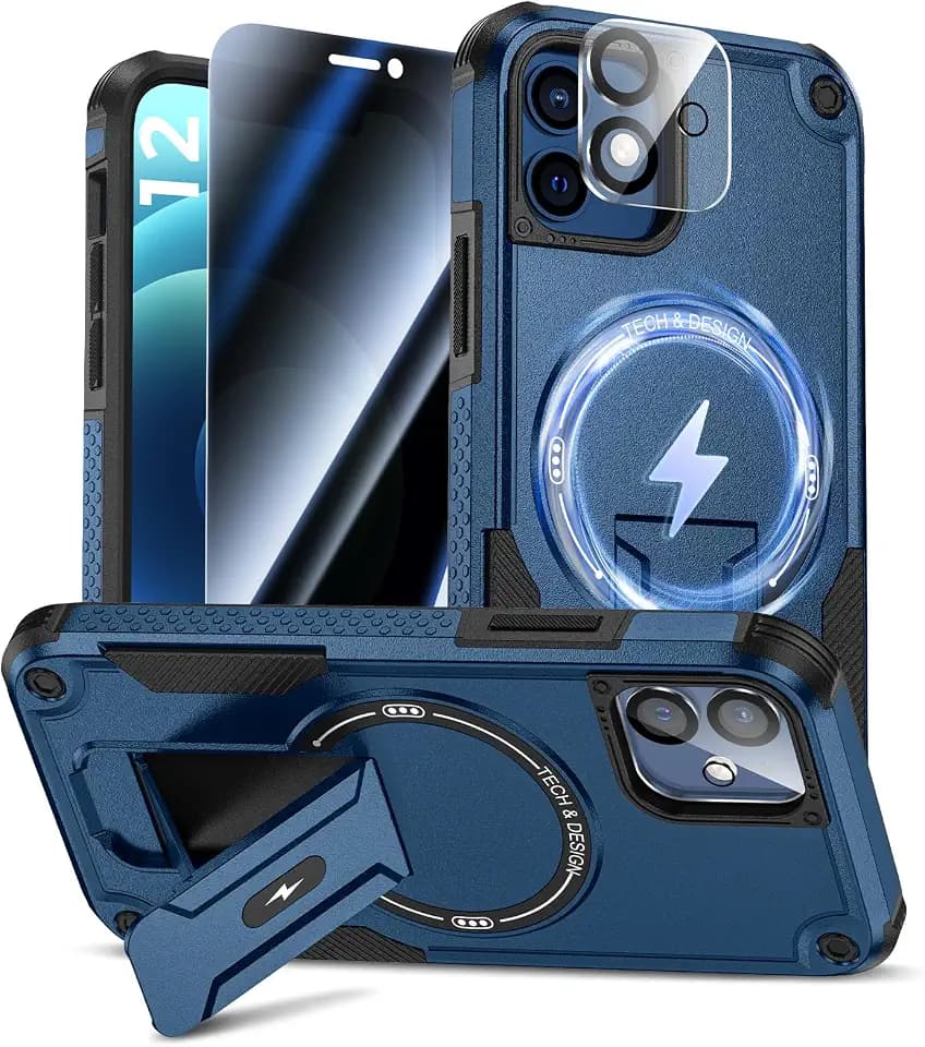 Goton 3 in 1 for iPhone 12 Case with Privacy Screen Protector Blue