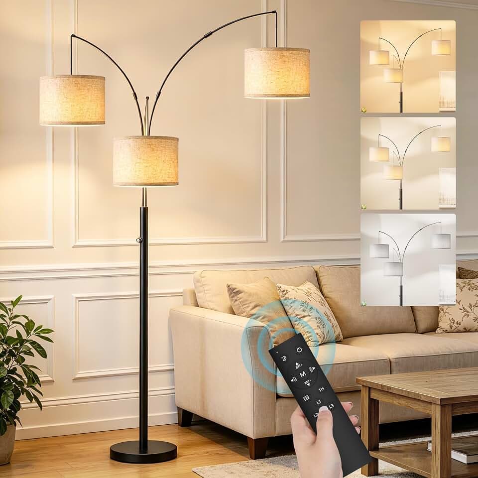 Floor Lamp with RGBW Light, 3-Light Arc Floor Lamps for Living Room, Modern Tall Standing Lamp with Adjustable Heads, Mid Century Corner Lamp with Remote for Bedroom, Office & Corner, Bulbs Included