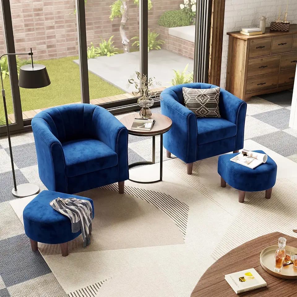 LINSY Accent Chair Set of 2, Velvet Barrel Chair with Ottoman, Modern Comfy Small Armchair for Small Spaces Reading Room Living Room Bedroom Kids Room Office, Blue