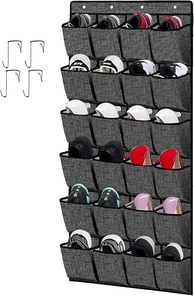 homyfort hängend Aufbewahrungstasche, Schuhaufbewahrung mit 24 Taschen, Ordnungssystem für die Tür, Schuhregal Tür, Schuhorganizer, Leinen Schwarz, XAODSB1P
