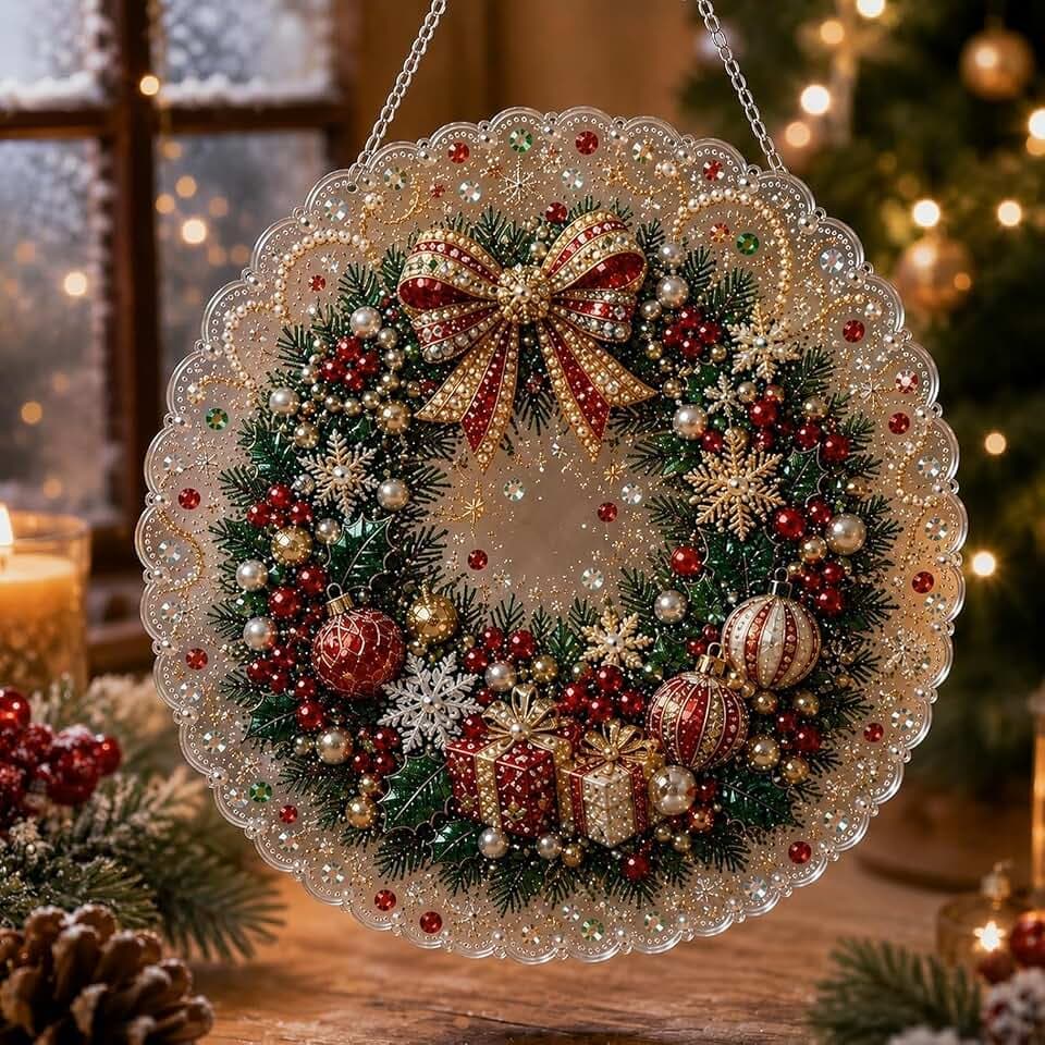 Christmas Pearl Diamond Painting Suncatcher Kit, DIY Craft Pre-Assembled Metal Chain, Acrylic Round Board with Lace Edge, 3D Mixed-Sized Pearl Beads Craft Window Wall Decor