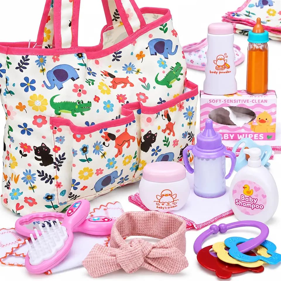 Baby Doll Accessories Set with Diaper Bag, 16 Pcs Pretend Play Feeding Kit