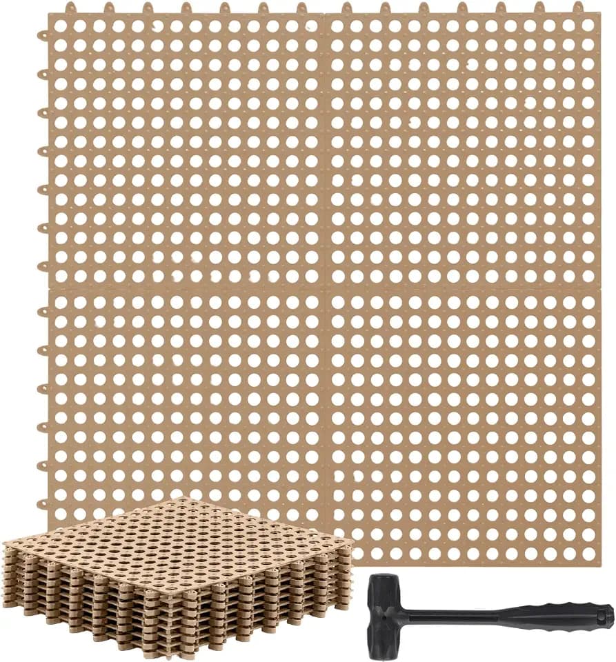 Drydiet 12 Pack Drainage Tiles Modular Interlocking Floor Tiles with 1 Pc Plastic Hammer 12" x 12" Cushion Mat Non Slip Rubber Floor mat with Holes for Pool Bathroom Deck Kitchen Patio (Beige)